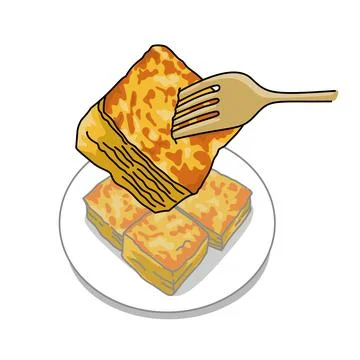 A fork is being used to eat a piece of sweet honey layer cake on white plate Stockillustratie