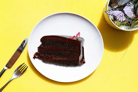 Fork, bread, knife, plate, chocolate, cake, food, desserts, sweets, butterfly Stock Photos