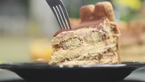 Fork breaks off a piece of pumpkin tiramisu. Stock Footage 159872296