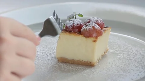 Fork dessert break. Eating sweet cake 库存影片 80489240