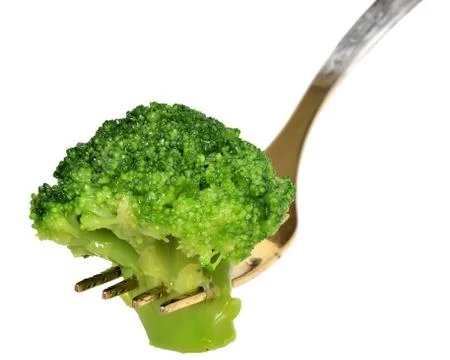 Fork with fresh broccoli isolated Stock Photos