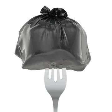 Fork with garbage bag. Eating Garbage, concept. 3D rendering Stock Illustration