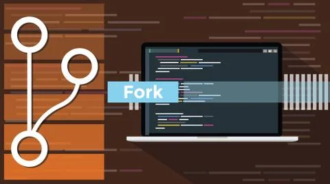 Fork git concept with the icon line style and computer laptop programming scr Stock Illustration