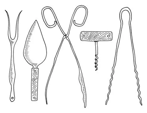 Fork for herring or cake spatula, asparagus tongs, corkscrew and confectionery Stock Illustration