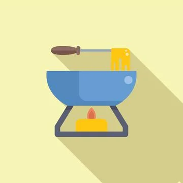 Fork holding melted cheese over pot on burning stove for fondue preparation Ilustração Stock