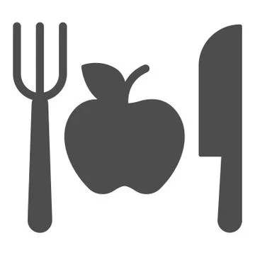 Fork with knife and apple solid icon, makeup routine concept, Healthy menu sign Stock Illustration