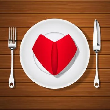 Fork with knife and folded red napkin in heart shape on blank plate Stock Illustration