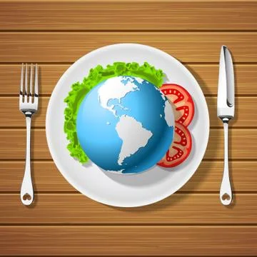 Fork with knife and globe on plate Stock Illustration