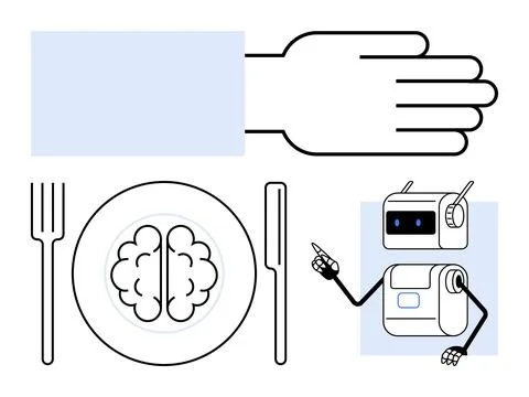 Fork knife and plate with brain human hand, robot pointing. Ideal for educati Illustrazione stock