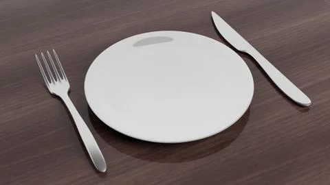 Fork, knife and plate set on wooden surface. Stock Illustration
