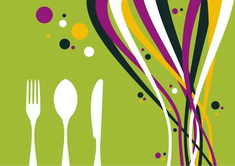 Fork, knife and spoon with multicolored waves background Spoon, fork, knif... Stockfoto's