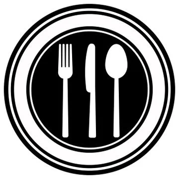 Fork, knife and spoon on plate background Stock Illustration