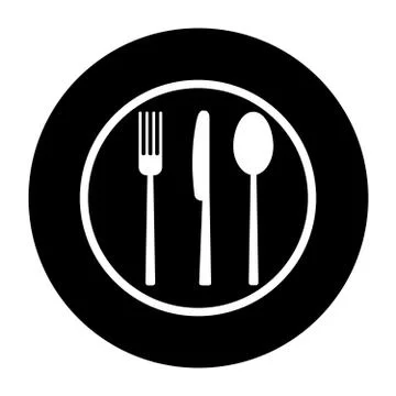 Fork, knife and spoon on plate background Stock Illustration