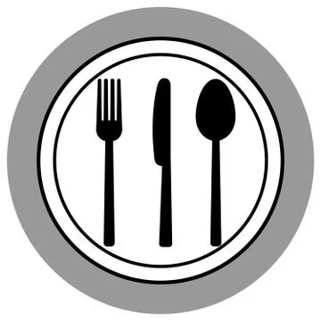 Fork, knife and spoon on plate background Stock Illustration