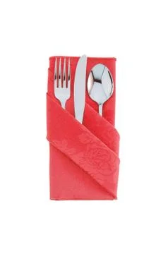 Fork, knife and spoon in red cloth, isolated on white Stock Photos