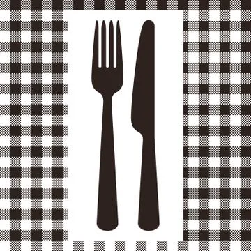 Fork, knife and tablecloth pattern in black and white Stock Illustration