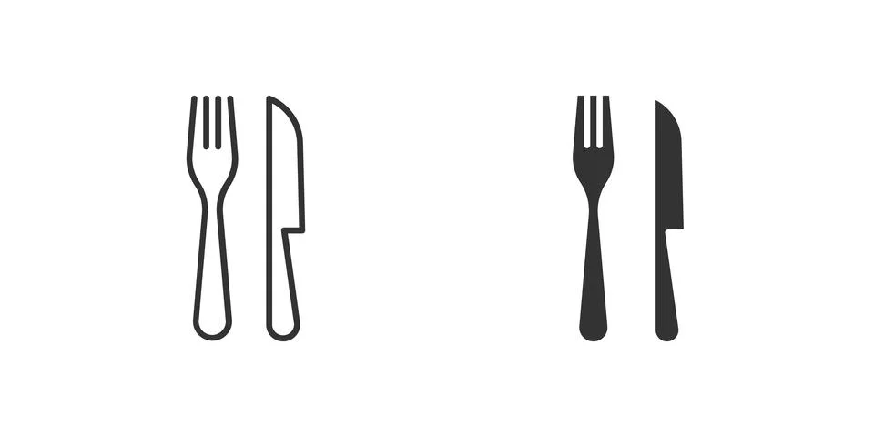 Fork Knife Icon Set. A black icon of a fork and knife, representing dining .. Stock Illustration
