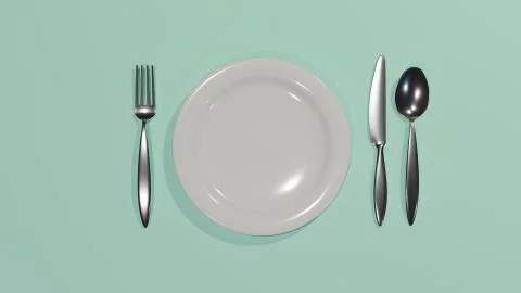 Fork, knife, spoon and plate on table. 3d rendering. Stock Illustration