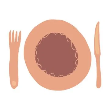Fork, Knife, Spoon and Plates. Freehand hand drawn tableware Stock Illustration