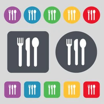 Fork, knife, spoon icon sign. A set of 12 colored buttons. Flat design. Vecto Stock Illustration