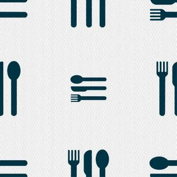 Fork, knife, spoon icon sign. Seamless pattern with geometric texture. Vector Stock Illustration