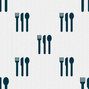 Fork, knife, spoon icon sign. Seamless pattern with geometric texture. Vector Stock Illustration