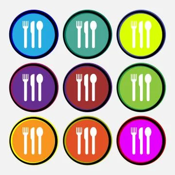 Fork, knife, spoon icon sign. Nine multi colored round buttons. Vector Stock Illustration