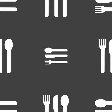 Fork, knife, spoon icon sign. Seamless pattern on a gray background. Vector Illustrazione stock