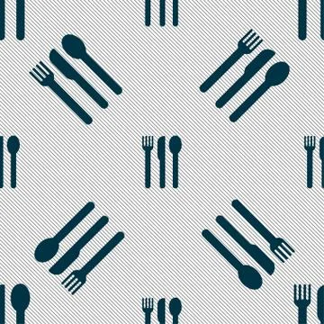 Fork, knife, spoon icon sign. Seamless pattern with geometric texture. Illustrazione stock