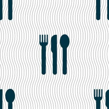 Fork, knife, spoon icon sign. Seamless pattern with geometric texture. Stock Illustration