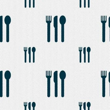 Fork, knife, spoon icon sign. Seamless pattern with geometric texture. Stock Illustration