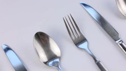 Fork knife spoon set of kitchen utensils on a white background Stock Footage 234925381