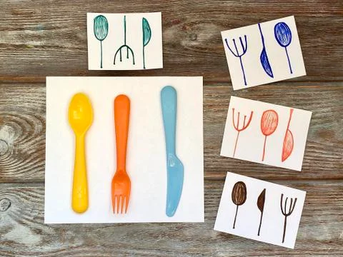 Fork, knife, spoon-simple materials for children's logic game, Stock Photos