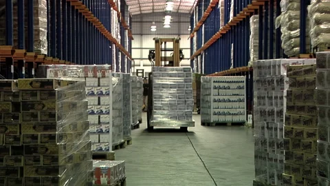 Fork Lift Driver lifting Pallets in Warehouse. Stock Footage 197219886