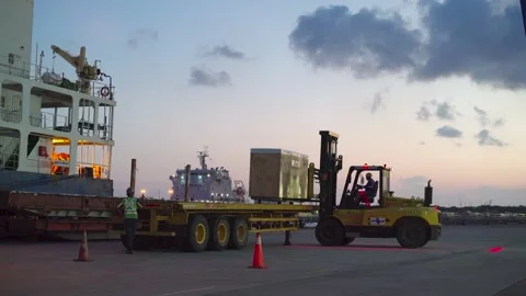Fork Lift Remove Creates on the dock Video stock 255201752