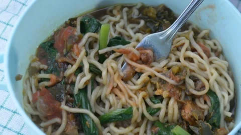 Fork Lifting Instant Noodles Asian Culinary Close Up Stock-Footage 341788207