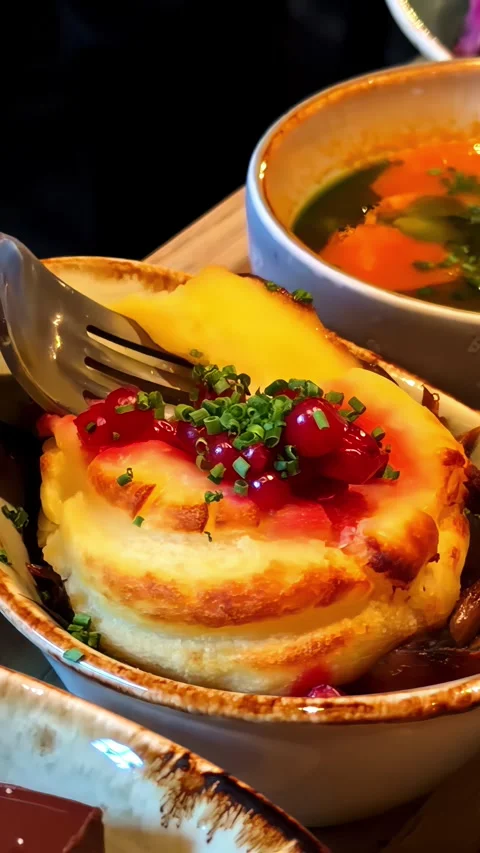 Fork lifting a portion of browned potato topping with berries and chives Vídeos de archivo 348900300