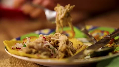 Fork Lifting Pulled Pork from Shredded Meat Taco in Bangkok Stock Footage 313787652