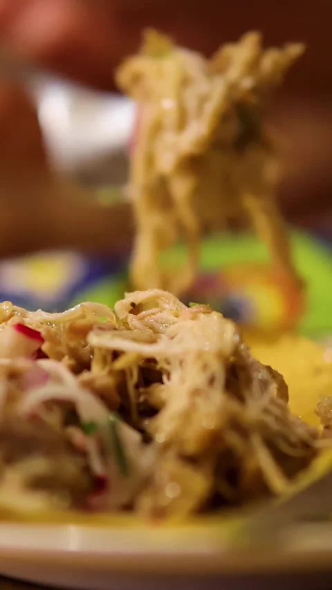 Fork Lifting Shredded Pulled Pork Onto Taco Shell Stock Footage 314040156