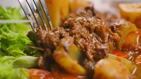 A fork lifts a piece of stewed beef in vegetables Stock Footage 295657469