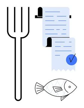 Fork, list with a check mark, and fish display culinary elements. Ideal for c Stockillustratie