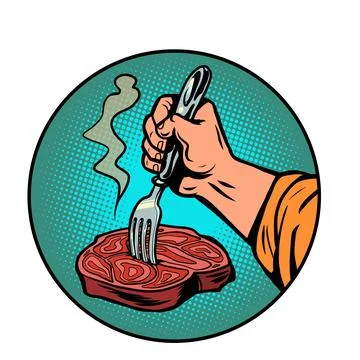 A fork in a meat steak. The finished dish. rustic food Stock Illustration