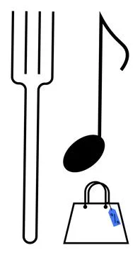 Fork, Music Note, and Shopping Bag with Tag Lifestyle, Hobbies, and Consumeri Stock Illustration