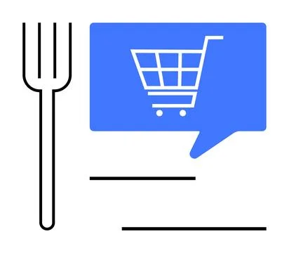 Fork next to blue chat bubble featuring shopping cart icon, with lines repres Stock Illustration