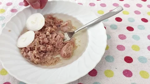 Fork, Onion, Tuna-Kitchen Prep with a Pop of Polka Dot Charm 스톡 동영상 316465410
