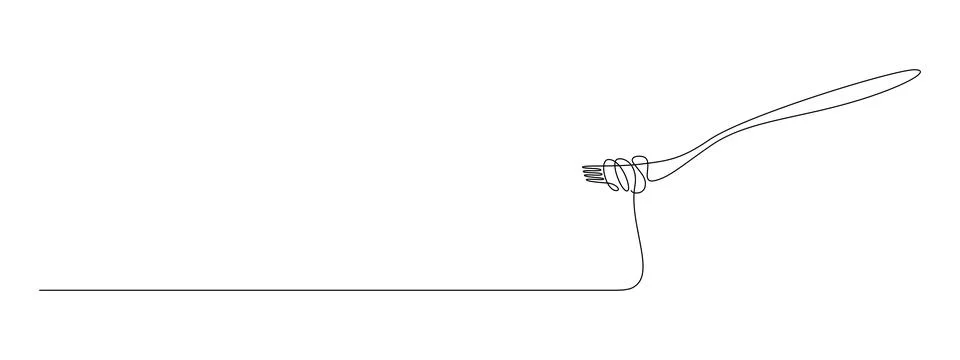Fork with pasta in One Continuous line drawing. Italian spaghetti noodle for web Stock Illustration