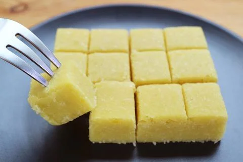 Fork Picking Delectable Thai Mung Bean Soft Cookies Called Khanom Tua Guan Stockfoto's