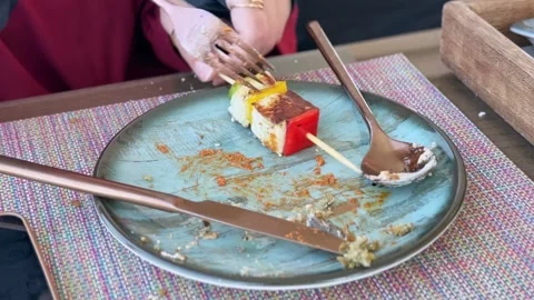 Fork Piercing Grilled Cheese On Messy Plate Stock-Footage 345348437