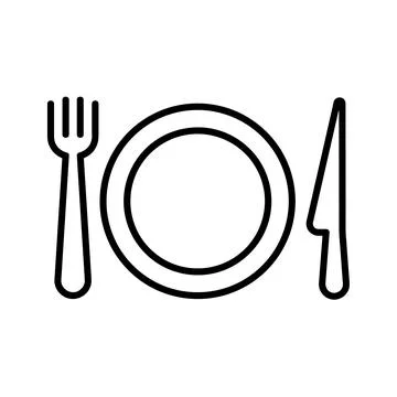 Fork, plate and knife flat icon. Pictogram for web. Line stroke. Isolated on  Stock Illustration