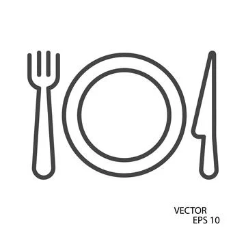Fork, plate and knife flat icon. Pictogram for web. Line stroke. Isolated on  Stock Illustration